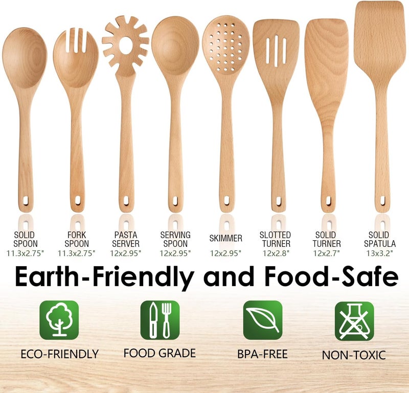 HOWHONG Wooden Spoons for Cooking, Beech Wood Kitchen Utensil Set, Premium Handmade Wooden Cooking Utensils for Nonstick Cookware, Heat Resistant, Smooth Finish, Comfortable Grip, 8 Piece - Image 2